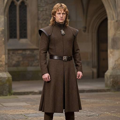 Photograph of a young man with long brown hair in medieval-style black armor, standing in a stone Gothic archway courtyard.