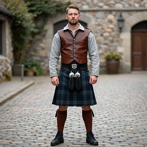Photograph of a bearded man in traditional Scottish attire: brown leather vest, gray shirt, black plaid kilt, sporran, and knee