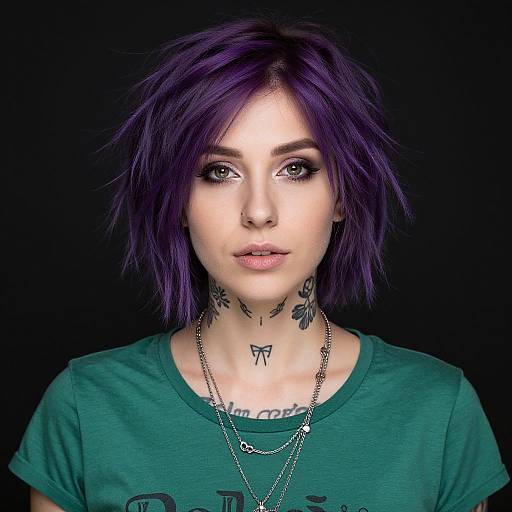 Photograph of a pale-skinned woman with purple shaggy hair, green shirt, multiple tattoos, nose ring, and chain necklaces, against