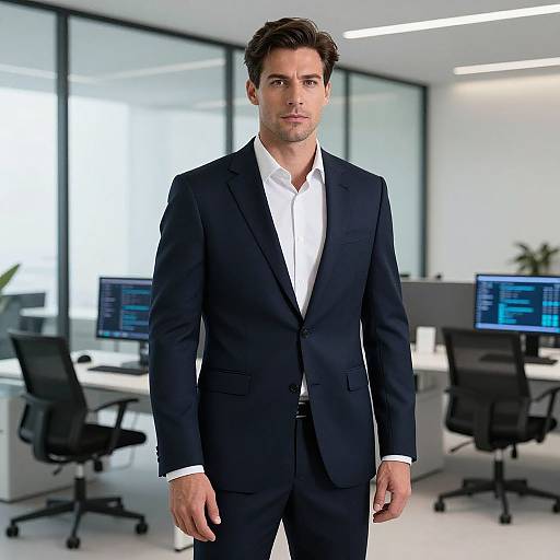 Photograph of a handsome, dark-haired man in a black suit and white shirt standing in a modern, bright office with large windows and multiple computer monitors