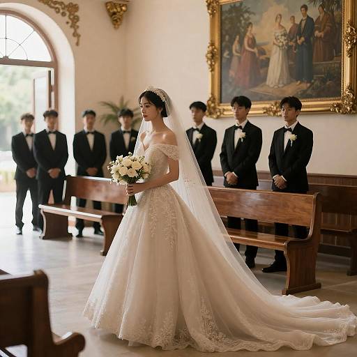 Bride Walking Down Aisle in Beige Wedding Gown