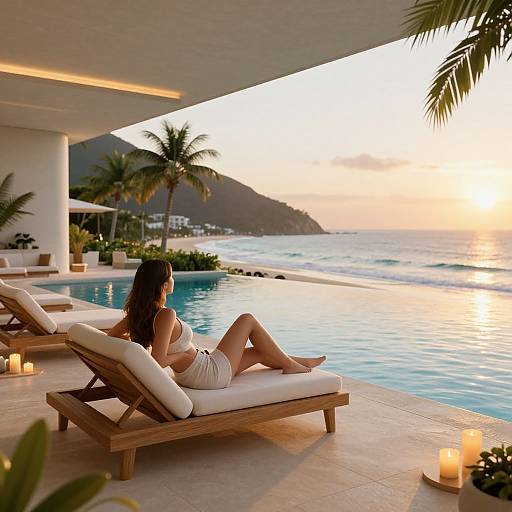 Photograph of a woman in white bikini, relaxing on a sunbed by a luxurious infinity pool at sunset, with palm trees and ocean view. Candle