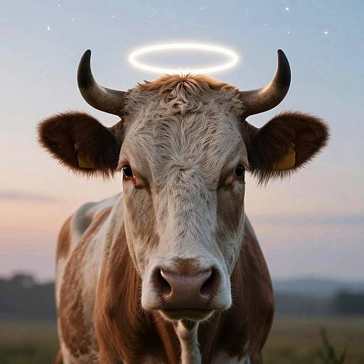 Photograph of a brown and white cow with a glowing halo above its head, standing in a fieldscape during twilight.