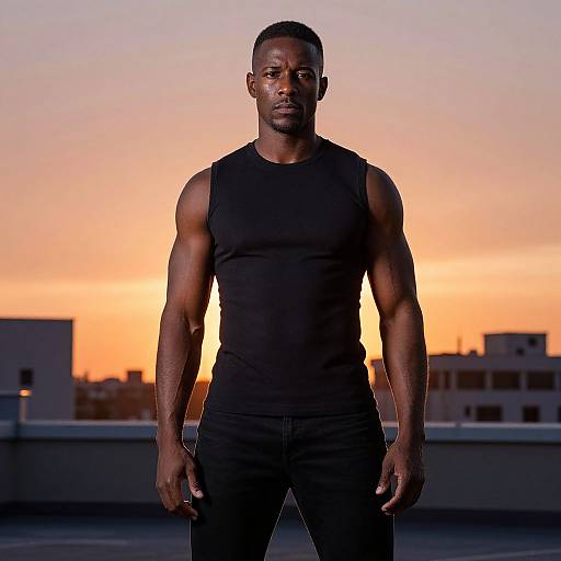 Photograph of a muscular, black man with short hair, wearing a black sleeveless shirt and pants, standing on a rooftop at sunset with an orange