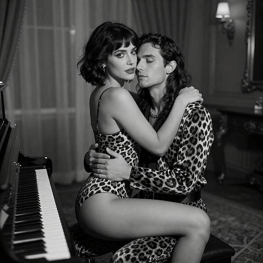 Vintage Black-and-White Piano Lovers Embrace
