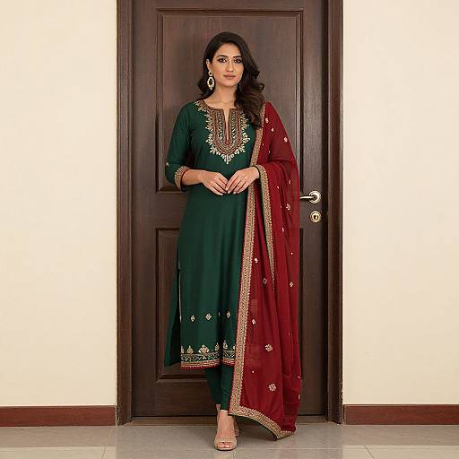 Photograph of a South Asian woman with medium skin tone, dark wavy hair, wearing a green salwar kameez with gold embroidery, mar