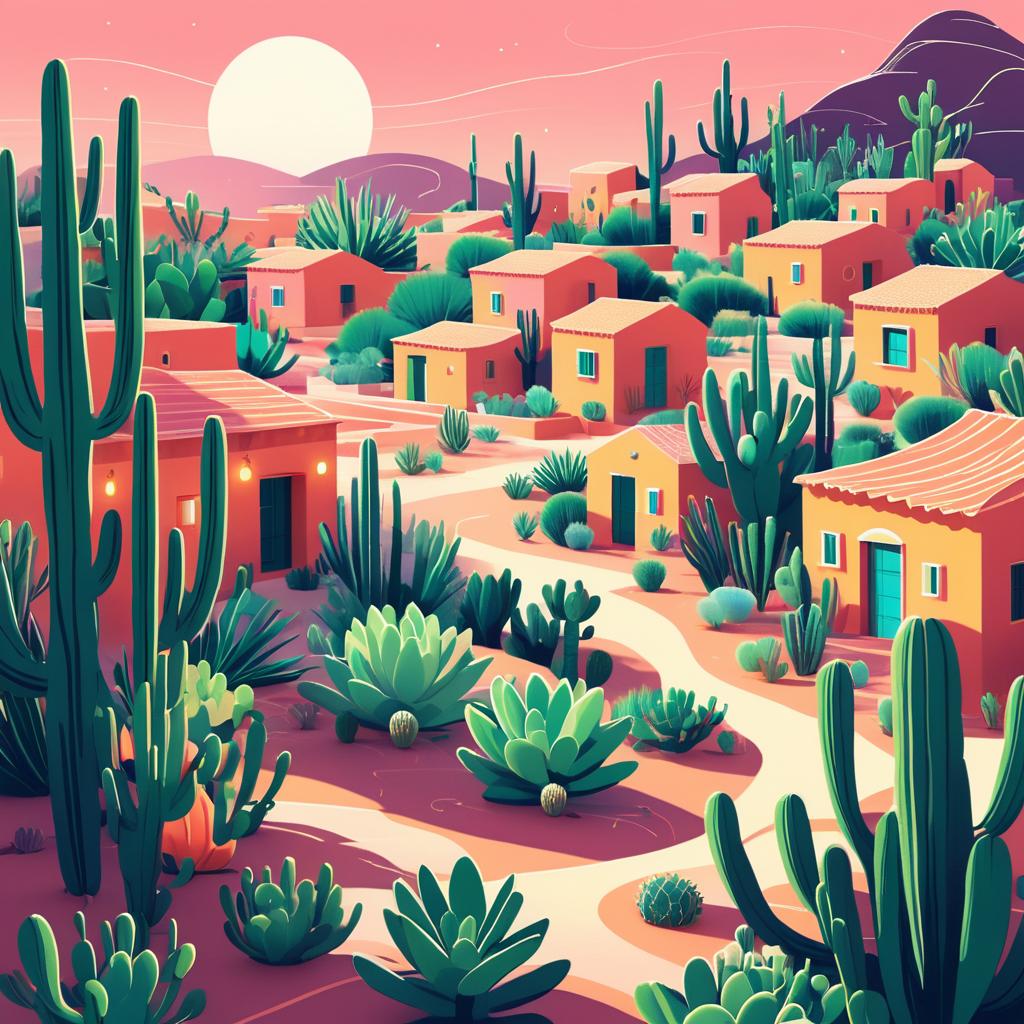 Dreamlike Cactus Village with Ambient Lighting