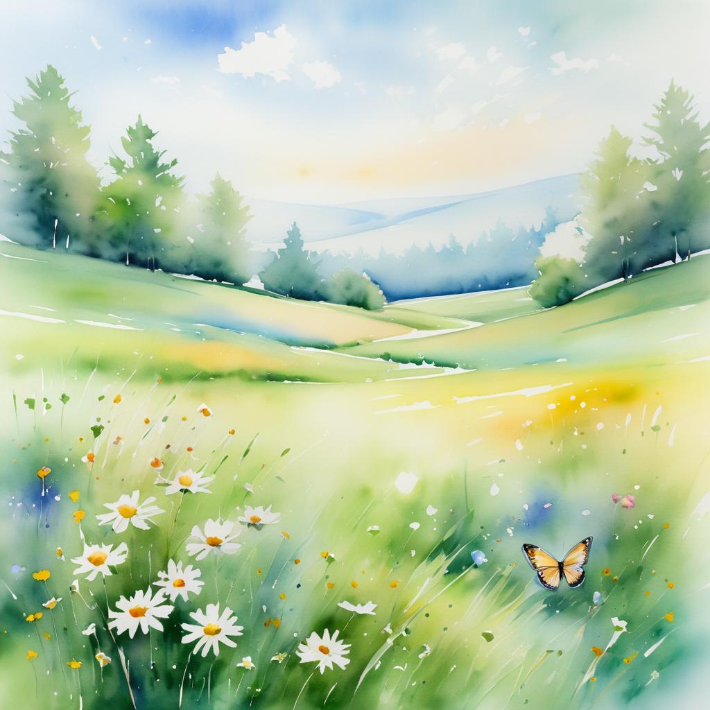 Tranquil Watercolor Butterfly Meadow Scene