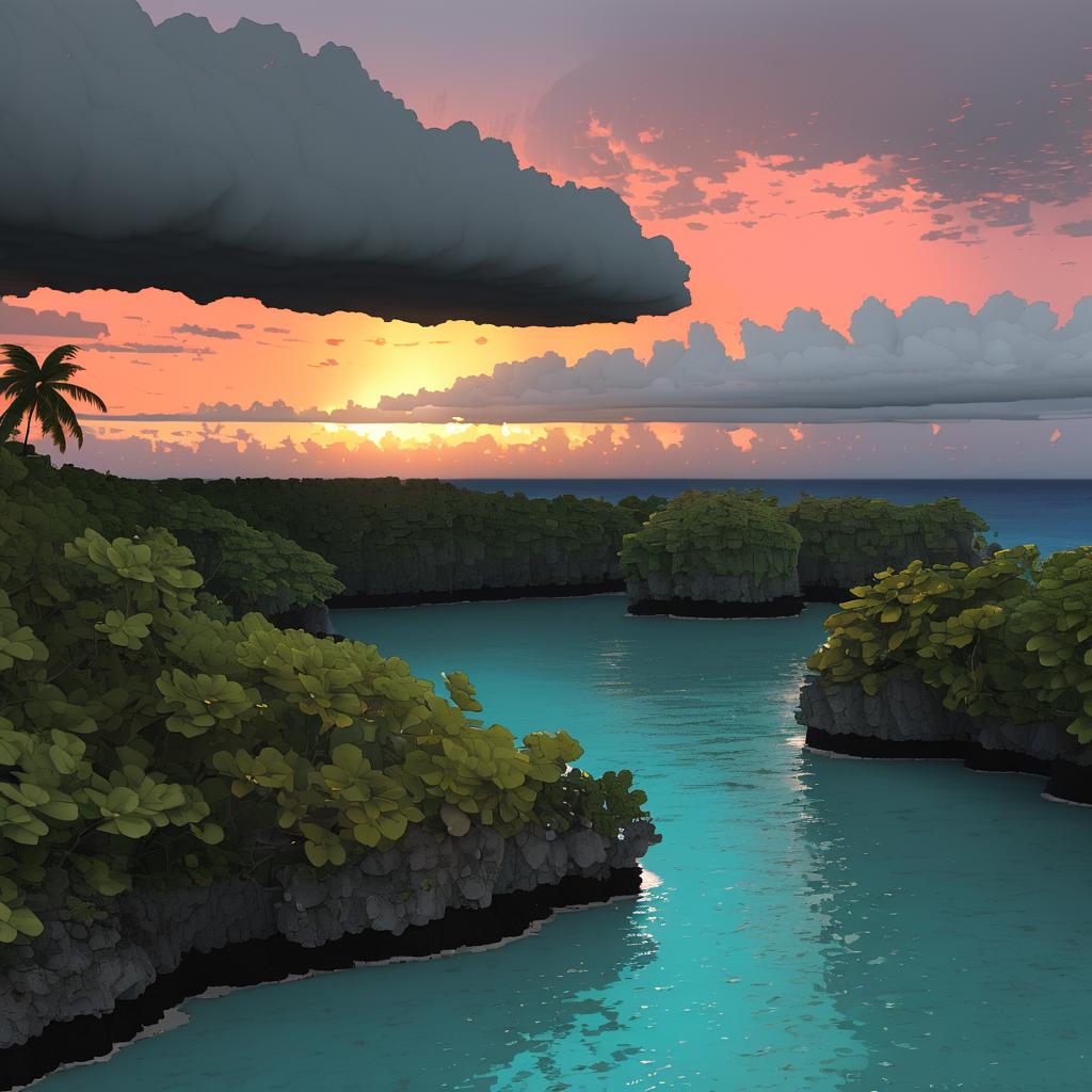 Tropical Coral Atoll at Sunset Glow