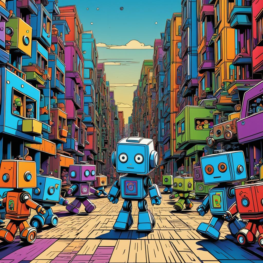 Cartoon Cityscape with Child Robot Adventure