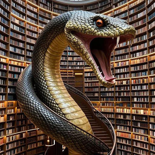 Photorealistic CGI of a large, detailed snake with yellow-green scales and open mouth, coiling in a circular, brightly lit library filled with book