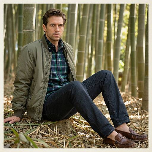 Photograph of a serious-looking man with short brown hair, wearing a green jacket, plaid shirt, and dark jeans, sitting against bamboo stalks