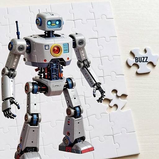 Photograph of a white, robotic, humanoid figure assembled from puzzle pieces, featuring blue eyes, red and yellow lights, and labeled 
