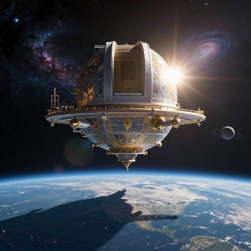 Photorealistic CGI of an ornate, golden spaceship hovering above Earth, with a bright sun flare, distant planet, and galaxy backdrop.