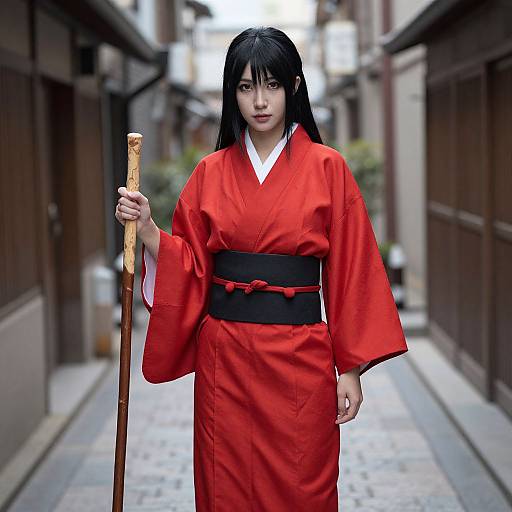 Photograph of a young Asian woman with long black hair, wearing a vibrant red kimono with a black obi, holding a wooden staff in a