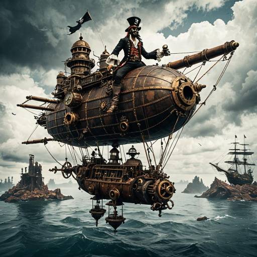 Steampunk Pirate Airship with Captain in Top Hat