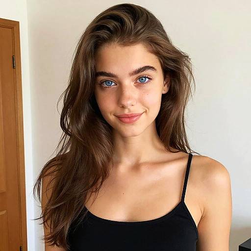 Photograph of a young woman with long, wavy brown hair, bright blue eyes, fair skin, and a subtle smile, wearing a black spaghetti