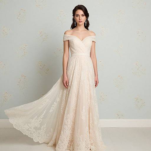 Photograph of a brunette woman in an off-the-shoulder, ivory lace wedding dress with a flowing train, standing against a light blue floral-pattern