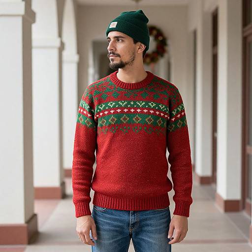 Man in Festive Sweater in Hallway