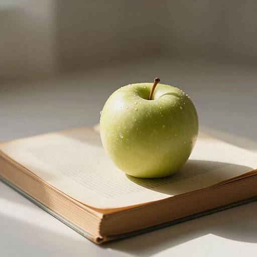 Photograph of a green apple with droplets, resting on an open book, bathed in sunlight, casting soft shadows.
