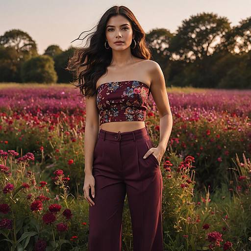 Woman in Tube Top and Trousers in Flower Field
