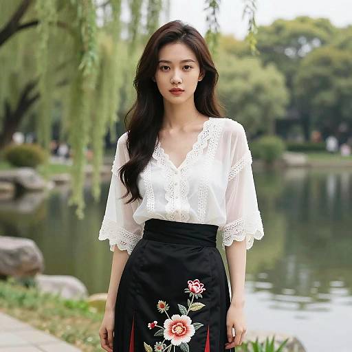 Elegant Woman in Scenic Park