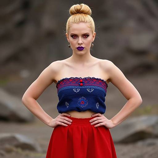 Photograph of a pale-skinned blonde woman with a bun, wearing a blue lace strapless top and red skirt, dark purple lipstick, standing outdoors