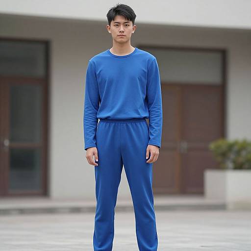 Photograph of an Asian man with short black hair, wearing a blue long-sleeve shirt and matching blue pants, standing in front of a modern