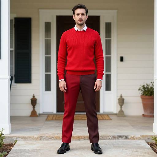 Photograph of a bearded man in a vibrant red sweater, brown pants, and black shoes standing on a porch with white doors and black shutters