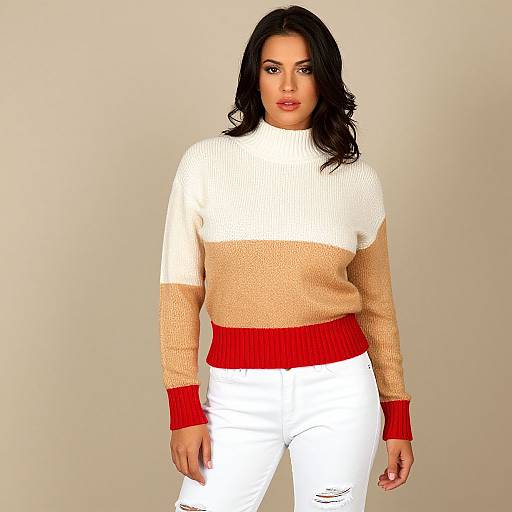 Photograph of a curvy woman with medium brown skin, black wavy hair, wearing a white and beige striped sweater with red cuffs and waistband