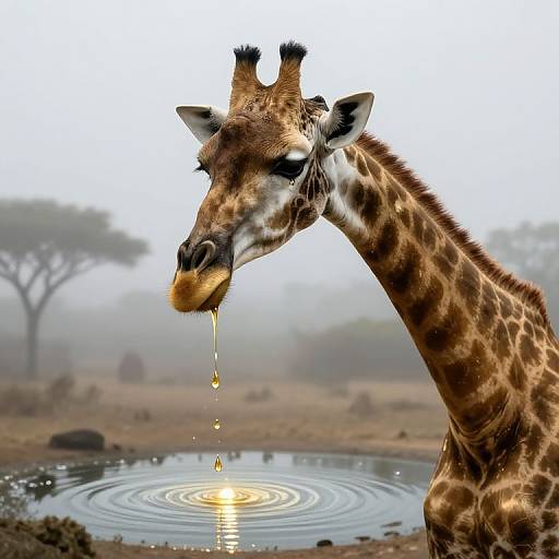 Photograph of a giraffe drinking from a calm waterhole, with ripples and droplets of water visible, set against a foggy, sav