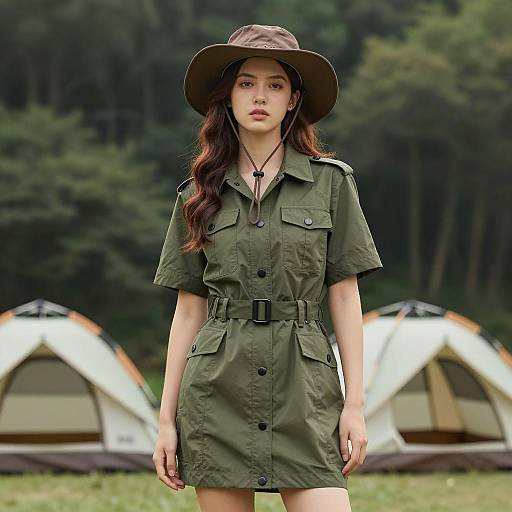 Young Woman in Military Camping Outfit