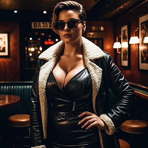 Stylish Woman in Leather and Shearling Coat Indoors