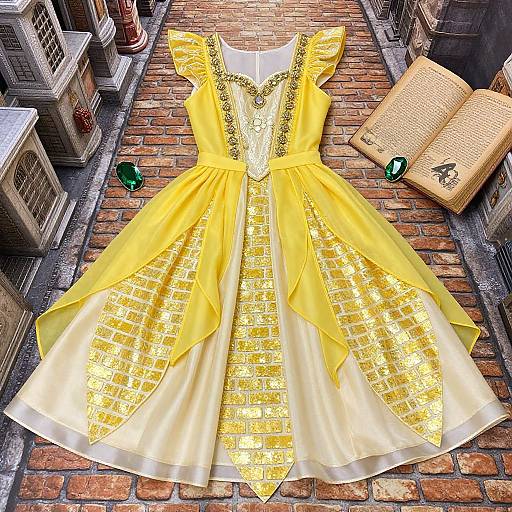Bright yellow and gold embroidered dress laid out on a cobblestone alley, surrounded by realistic miniature houses, open book, and green jewelry. Photoreal