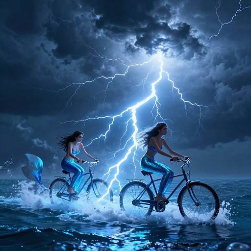 Digital art: Two mermaids with blue tails riding bicycles through stormy ocean, illuminated by bright, jagged lightning bolt in a dark, cloudy sky