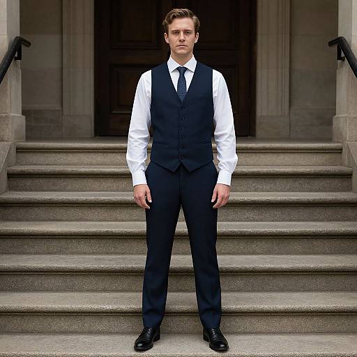 Photograph of a serious young man with light skin and brown hair, standing on stone steps, wearing a white shirt, black vest, tie, and