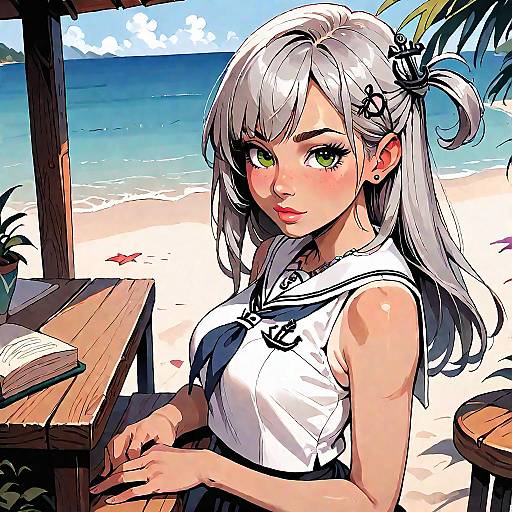 Anime Girl in Sailor Dress on Beach