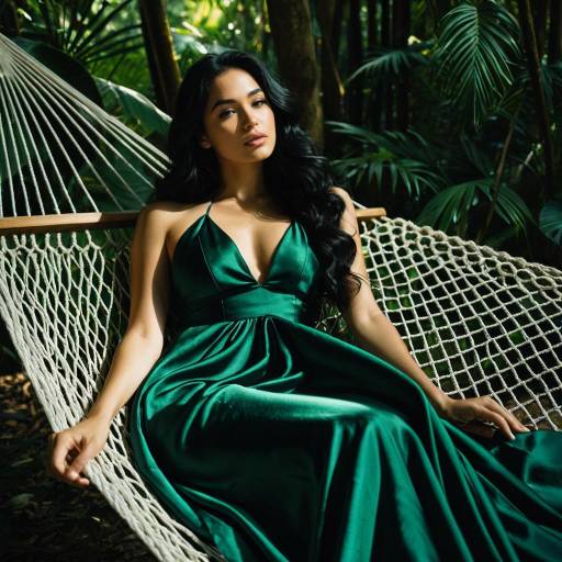 Woman in Green Satin Gown Relaxing in Jungle Hammock