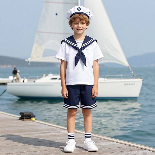 Boy in Sailor Outfit on Dock