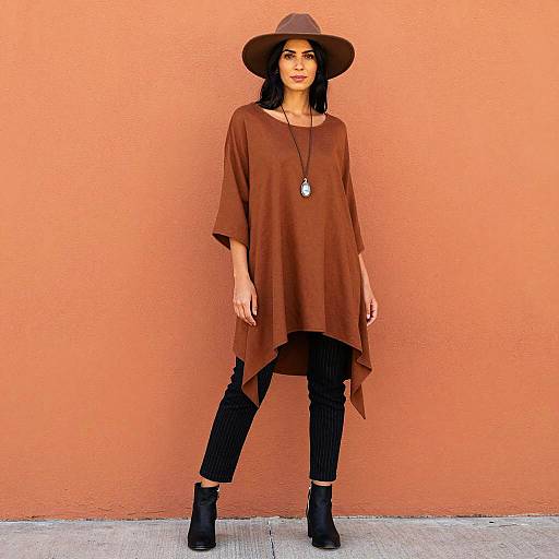 Woman in Bohemian Brown Tunic and Hat