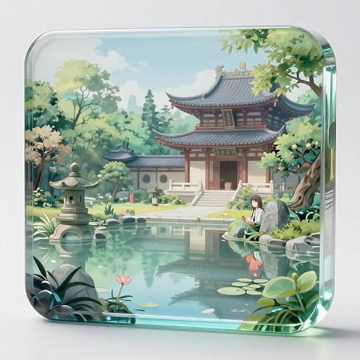 Digital anime-style illustration of a serene Japanese temple by a reflective pond, featuring a lantern, lily pads, and a girl in traditional attire.