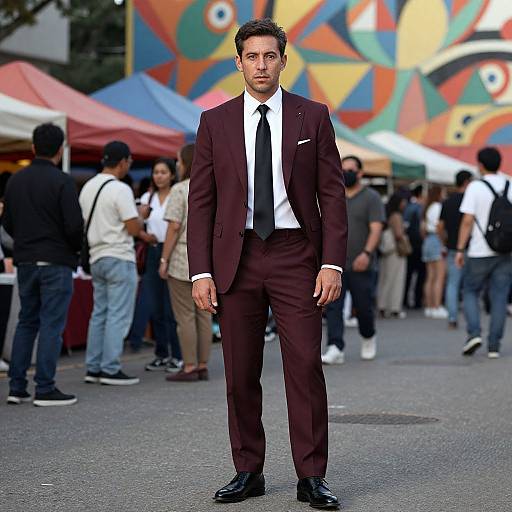 Photograph of a handsome man in a dark maroon suit, white shirt, and black tie, standing confidently in front of a colorful, bustling outdoor