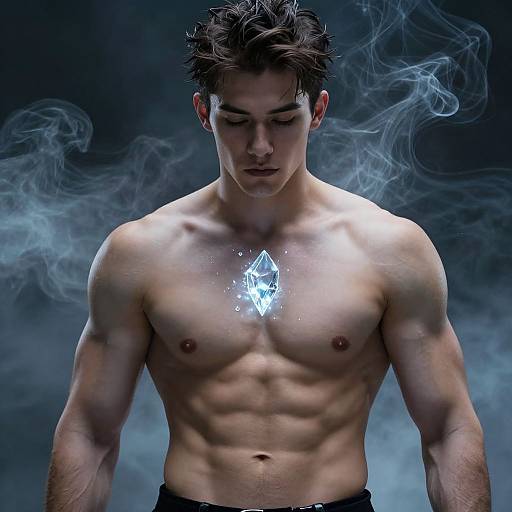 Photograph of a muscular, shirtless Asian man with dark, messy hair, glowing triangular symbol on chest, surrounded by blue smoke.