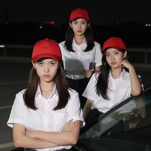 Three Women in White Shirts and Red Hats at Night