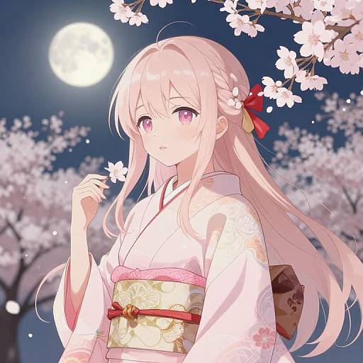 Anime-style digital illustration of a pink-haired girl in a white floral kimono with red ribbon, standing under a moonlit cherry blossom tree.