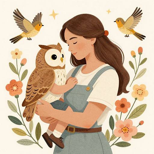 Digital illustration of a woman with brown hair, blue overalls, white shirt, holding a brown owl, surrounded by birds and flowers.