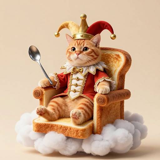 Photorealistic digital art of an orange tabby cat wearing a red jester outfit with gold trim, crown, and holding a spoon, sitting on