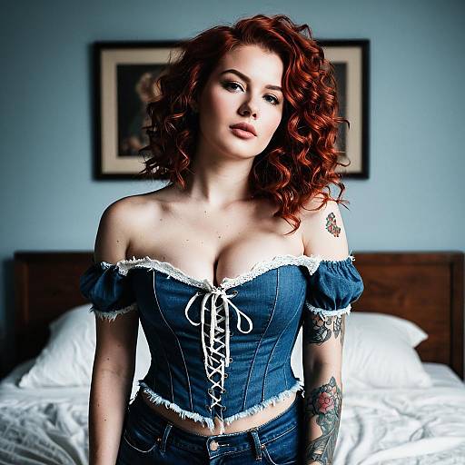 Redhead Woman in Denim Corset with Tattoos