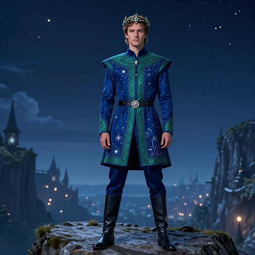 Photograph of a young man in a dark blue, star-embellished medieval coat, silver crown, standing on a rocky rooftop at night,