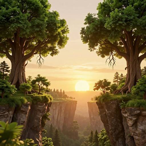 Photorealistic digital artwork of a sunset over a canyon, flanked by towering, lush green trees with thick trunks. Sunlight creates a golden